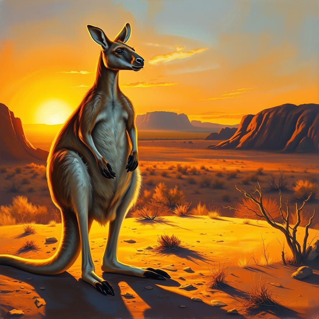 Majestic Kangaroo at Sunset in Outback Oil Painting Style