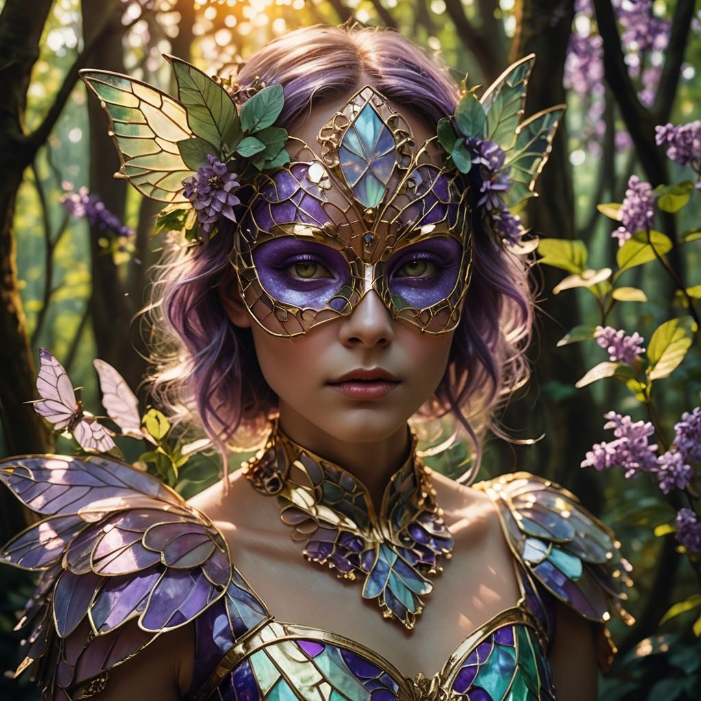 Fairy in Golden Mask and Stained Glass Dress