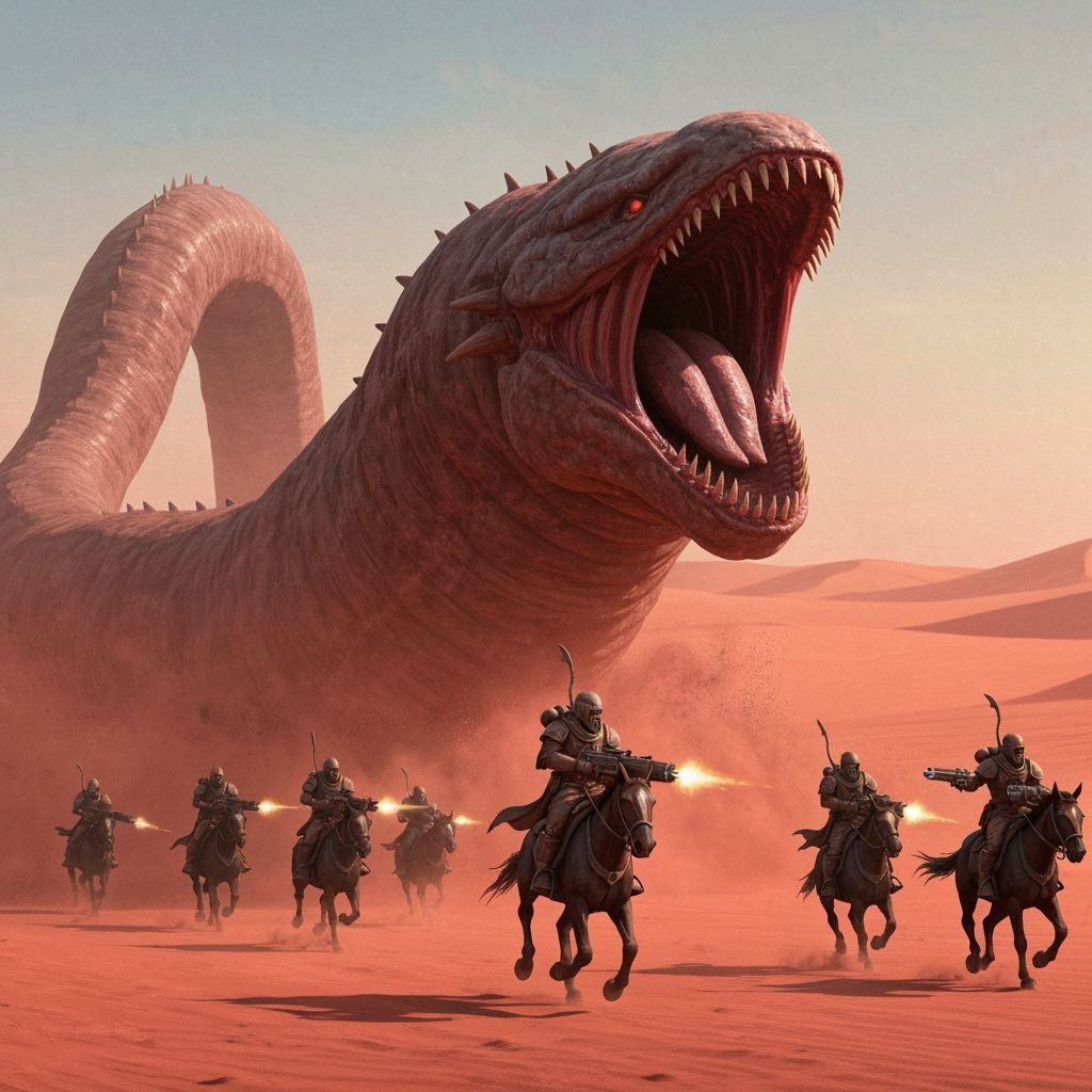 Colossal Sandworm Erupts in Alien Desert, Cinematic Style