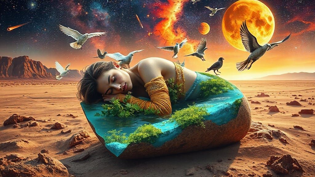 Woman with Parched Earth Body and Bioluminescent Oasis