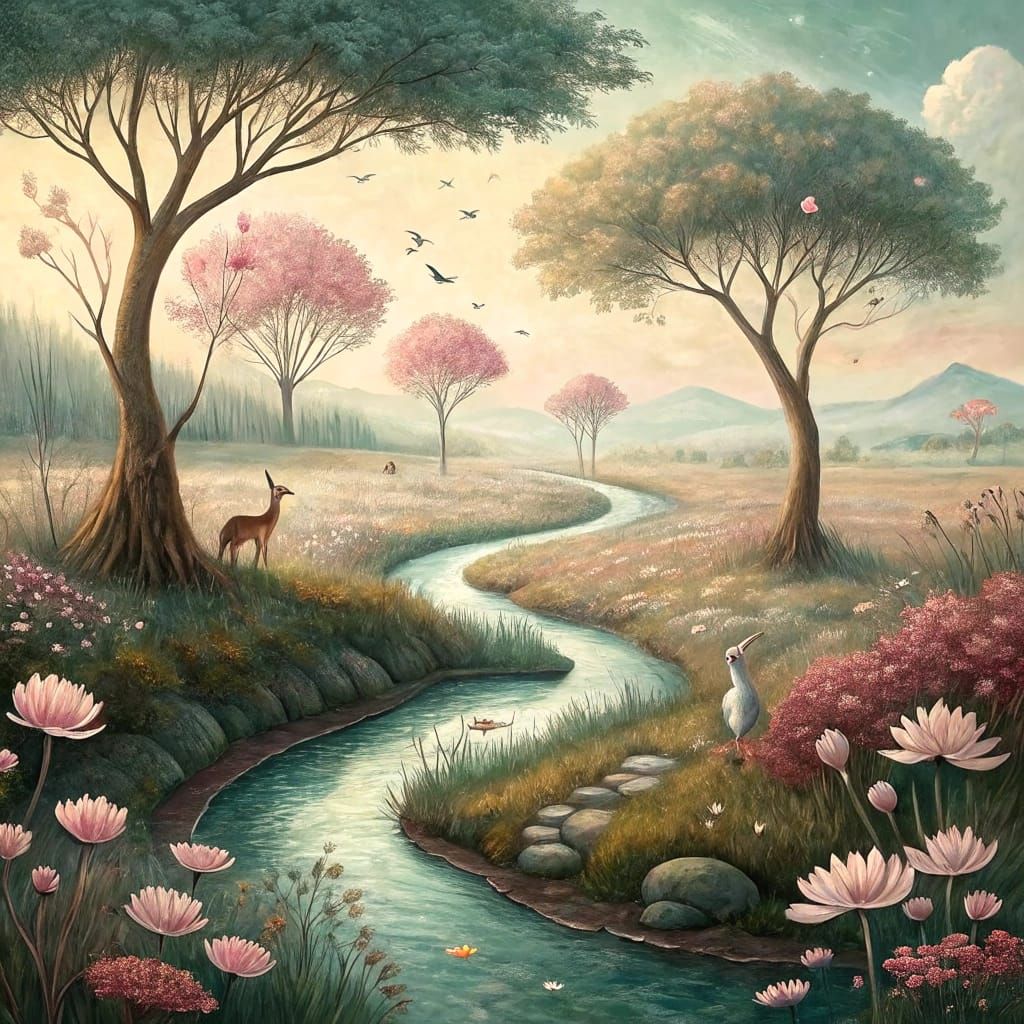 Enchanted Watercolor Landscape with Floating Trees and Windi...