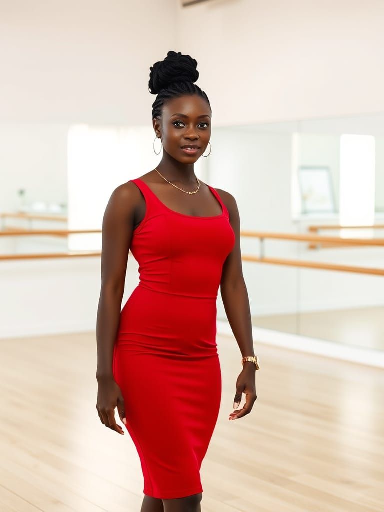 Black Woman in Red Dress in Bright Ballet Studio