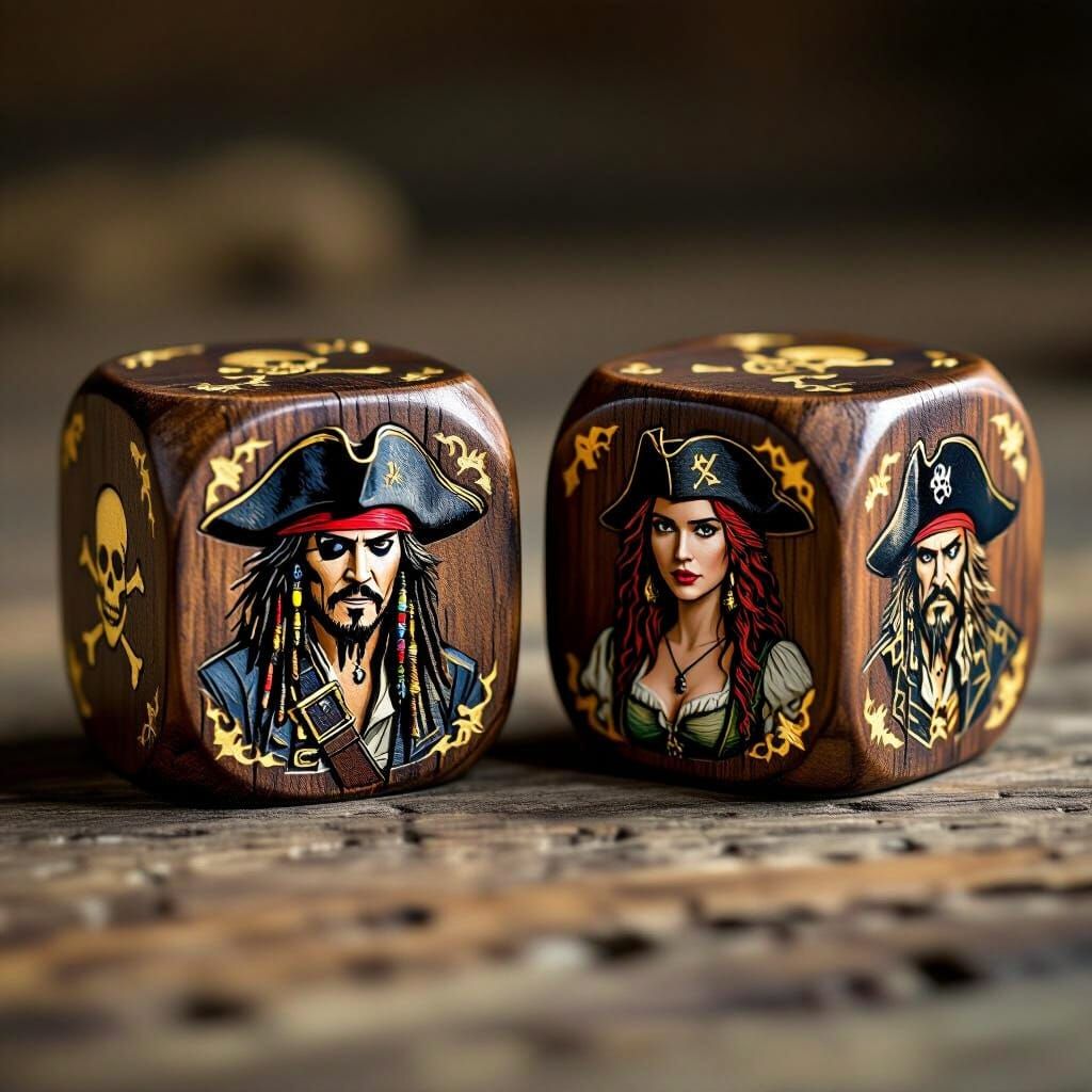 Pirate Dice with Jack Sparrow, Carved Wood and Gold