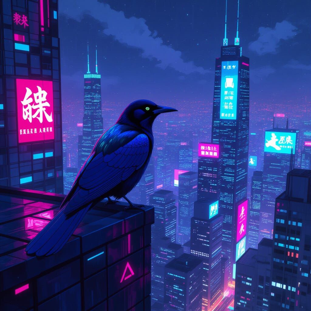 Bioluminescent Grackle in Cyberpunk Metropolis