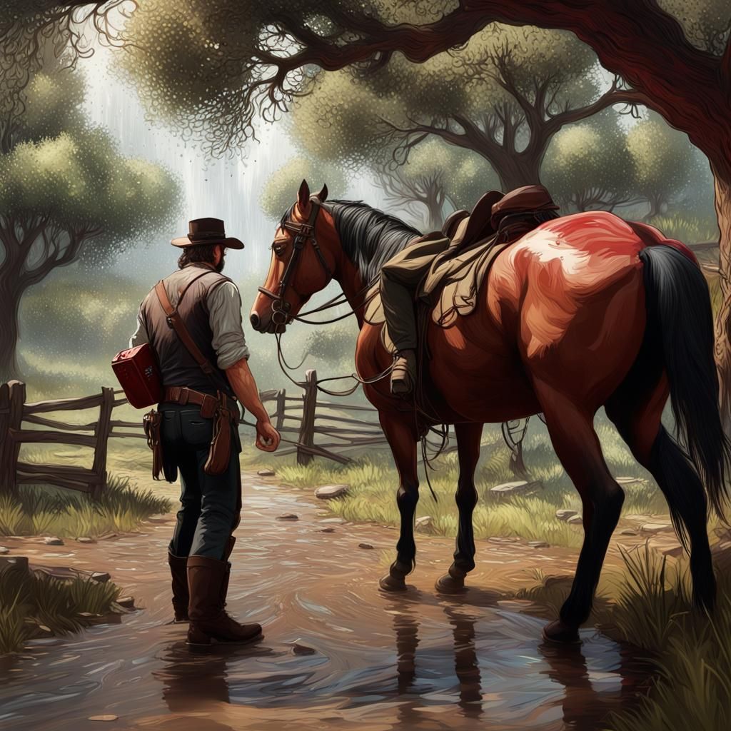 Arthur Morgan Shares Apple with Horse in Rain
