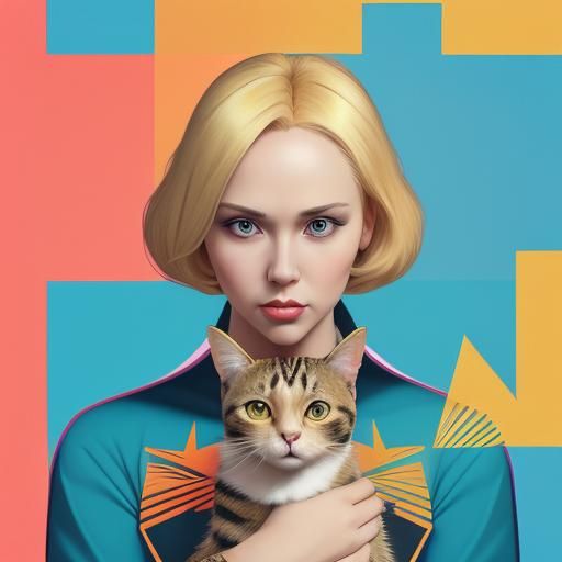 Pop Art Woman with Cat in Triadic Colors