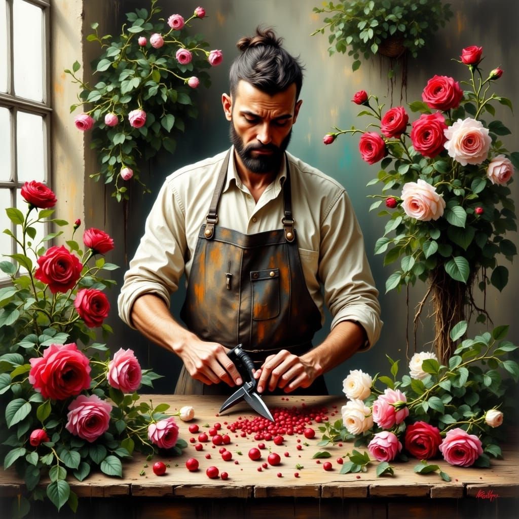 Florist Cutting Roses in Workshop with Rembrandt Lighting