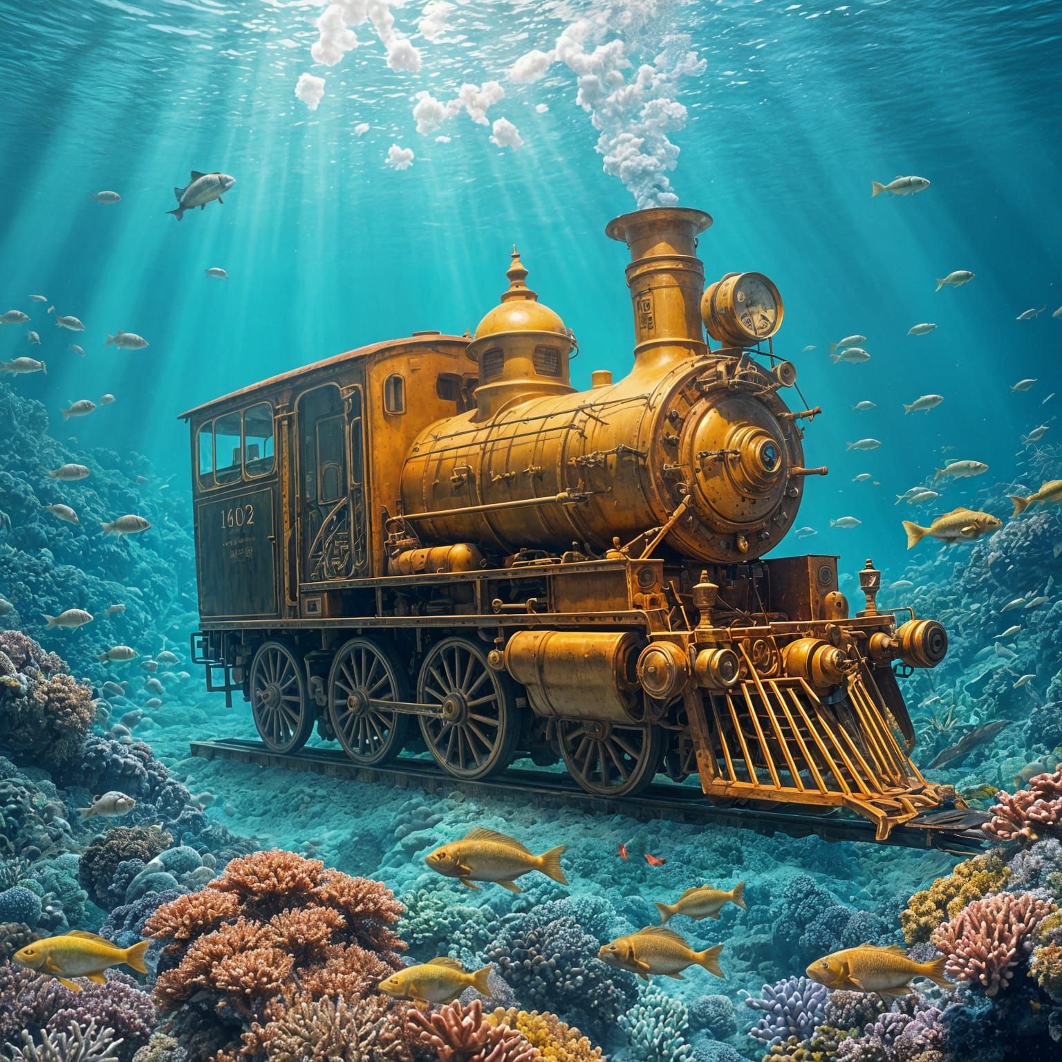 Vintage Train Chugs Along Seabed Corals in Underwater Wonder...