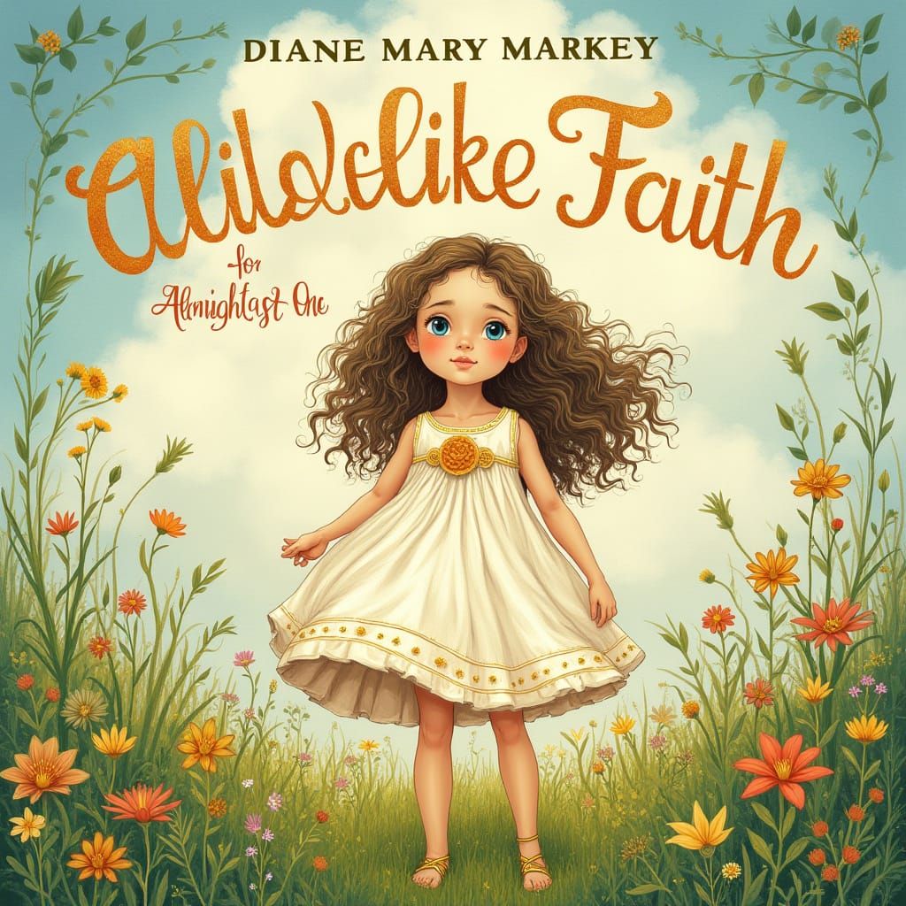 Whimsical Book Cover with Young Girl in Lush Meadow