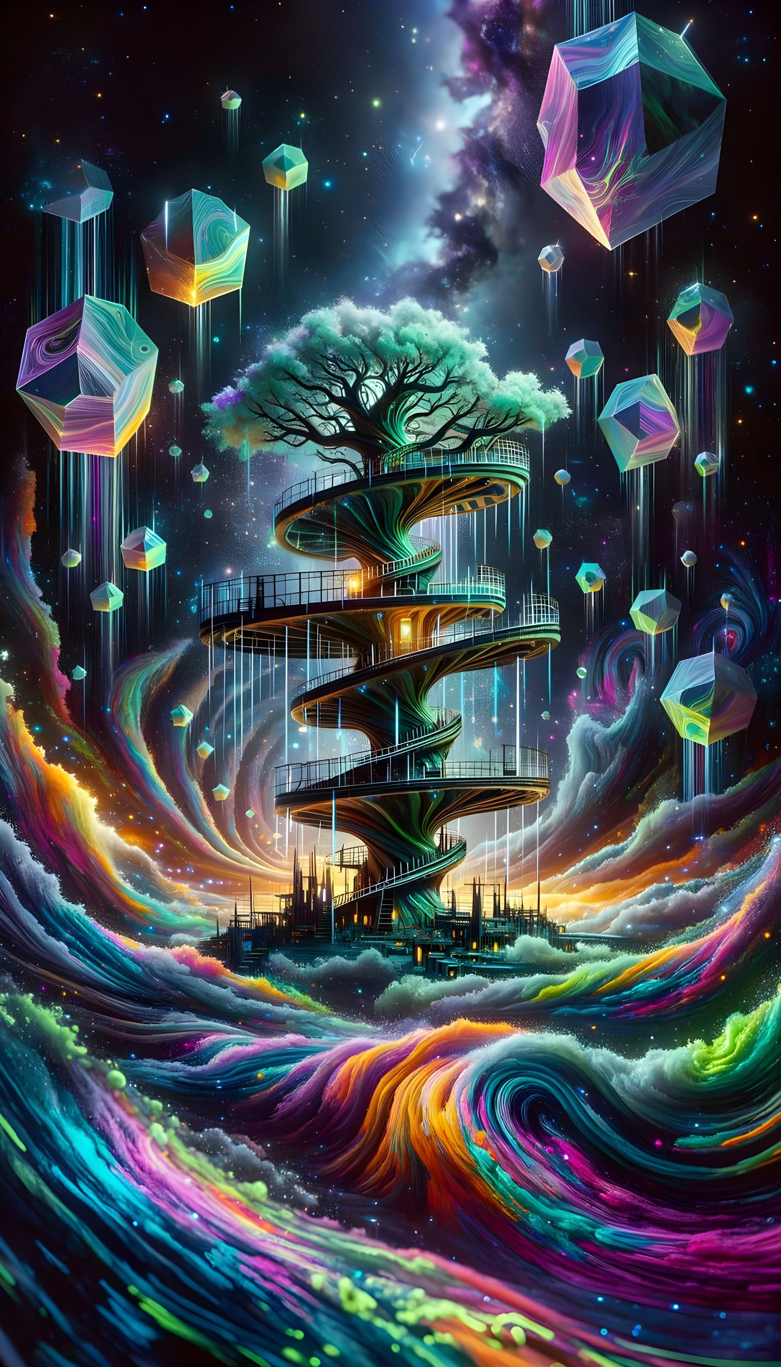 Surreal Treehouse Oasis in a Radiant, Holographic Seascape