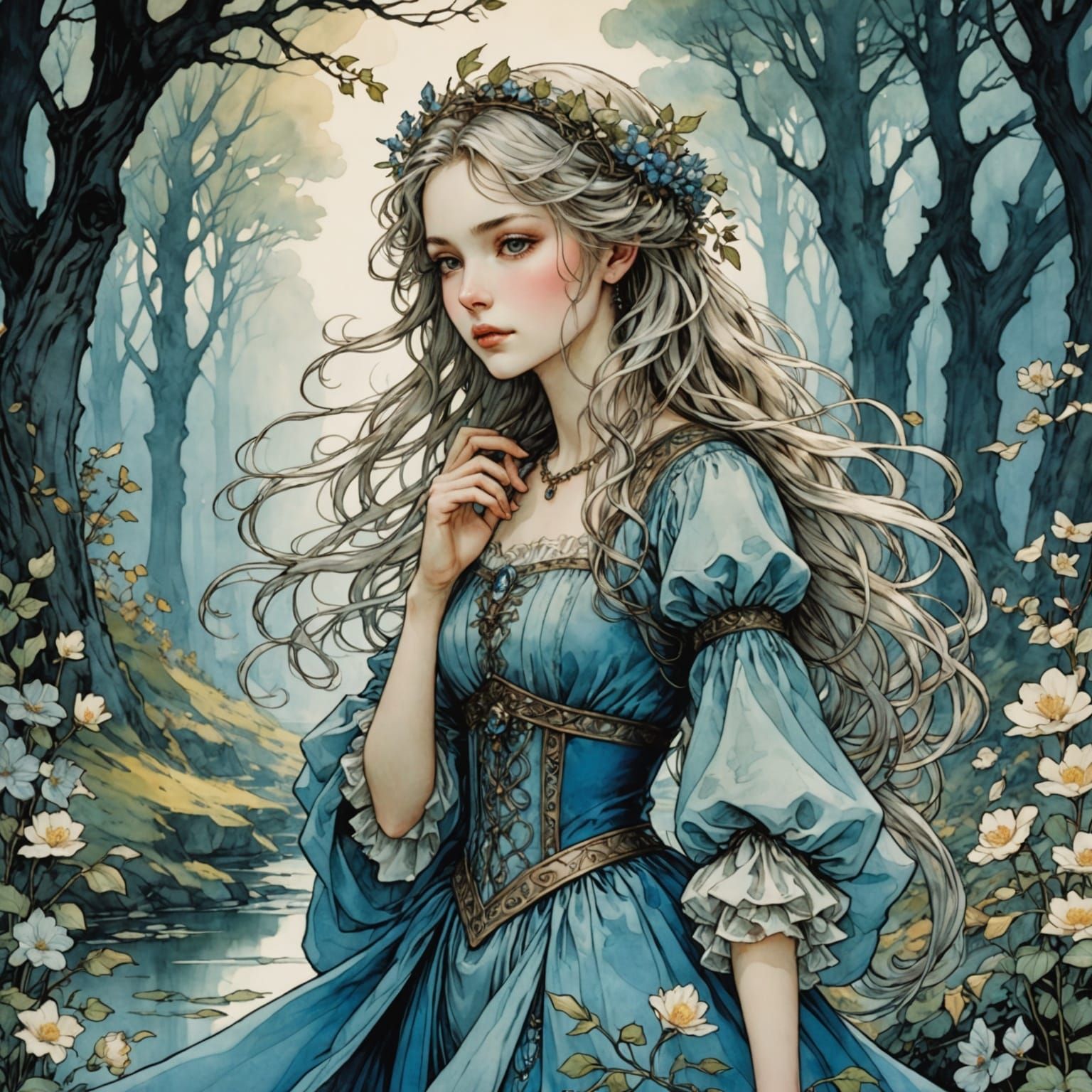 Fairytale Scene in Arthur Rackham Anime Style