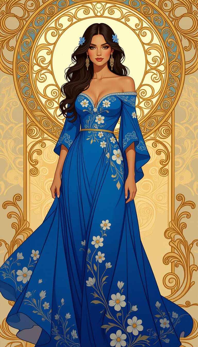 Elegant Woman in Blue Floral Dress, Art Nouveau Style
