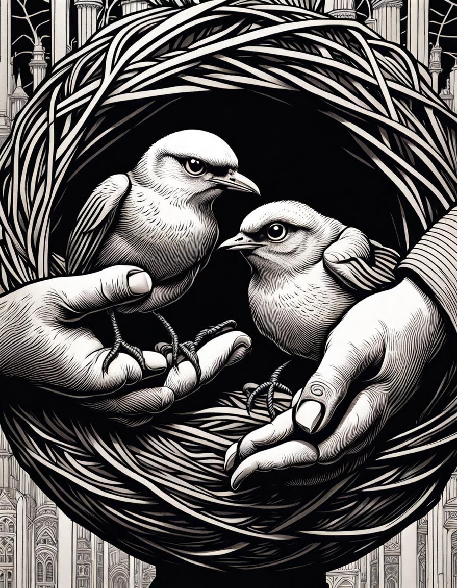 Realistic Hands Protecting Kissing Birds Nest