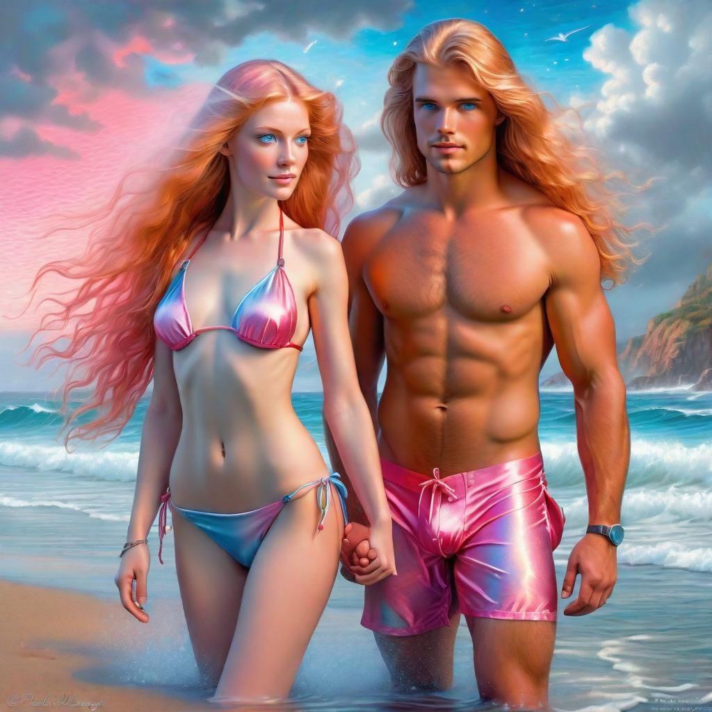 Vibrant Beach Scene of a Modern Couple