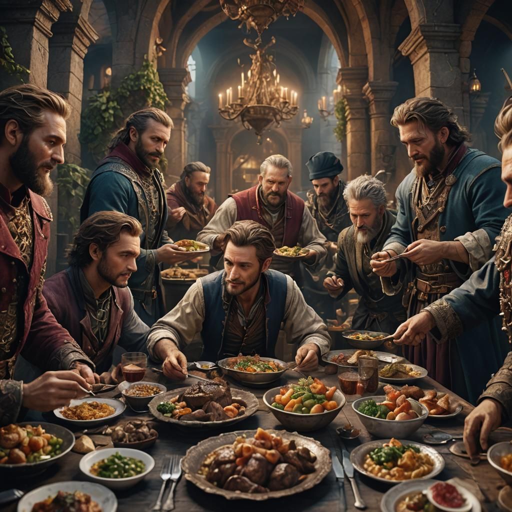 Men Enjoying Gourmet Dinner in Detailed Matte Painting