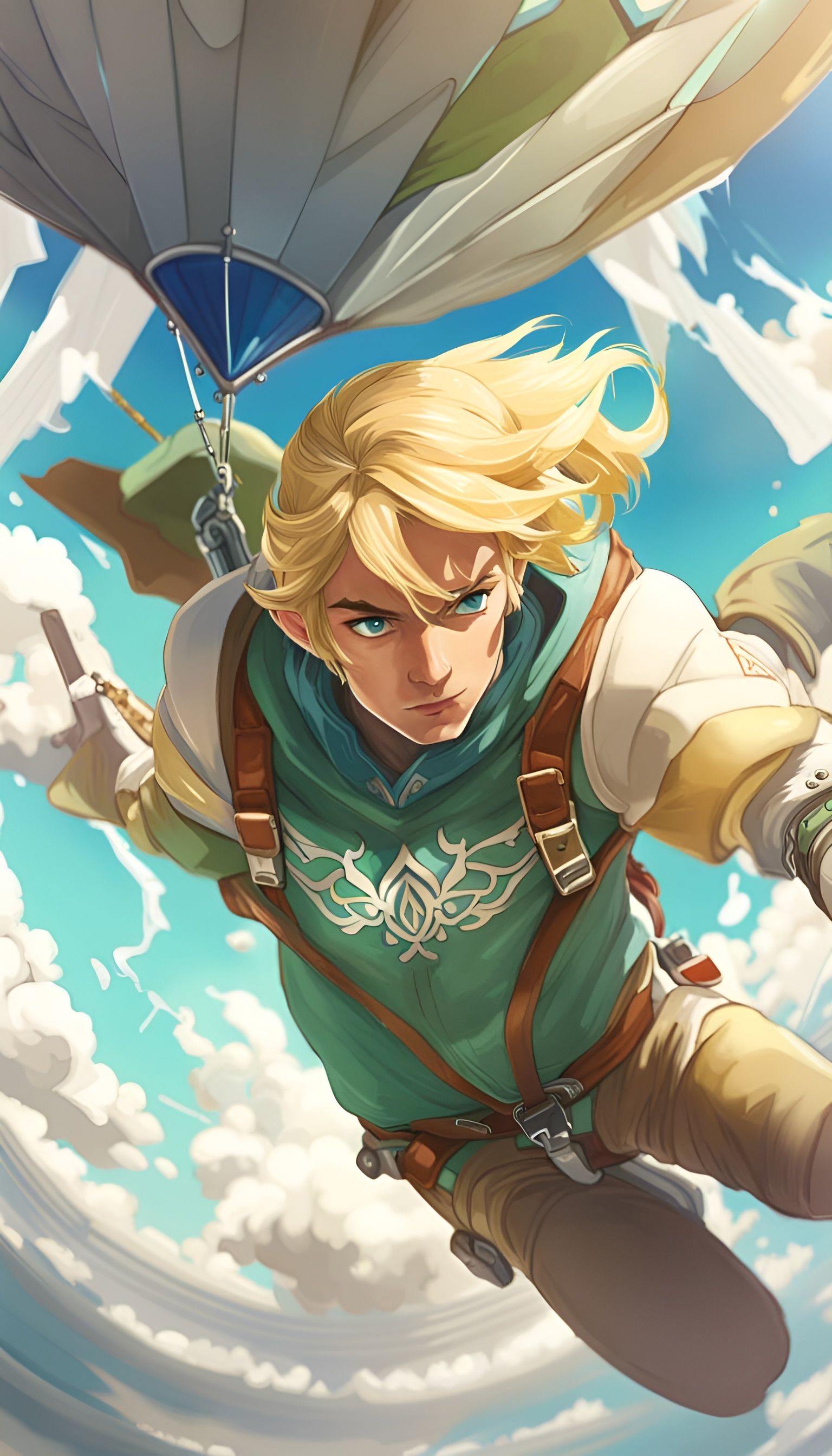 Link Skydiving Above Zora's Domain in Anime Style
