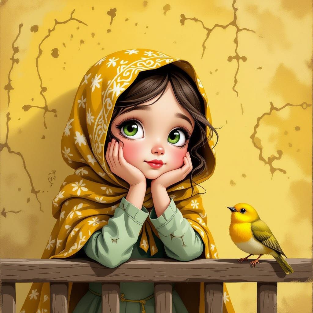 Enchanting Girl Contemplates Yellow Bird in Fantasy Mural