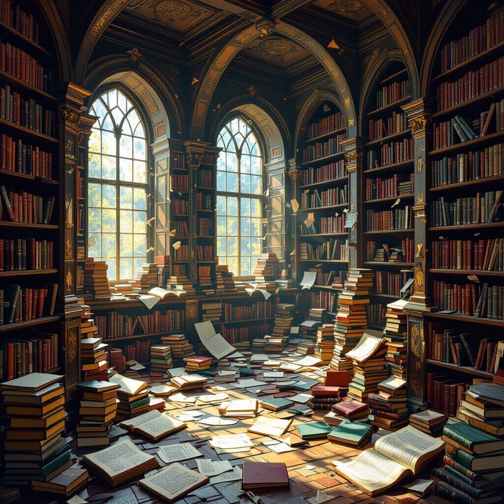 Fantastical Library Chaos in Painterly Style
