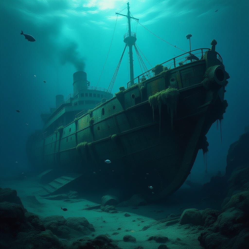 Ancient Submarine Rests in Abyssal Trench with Eerie Glow