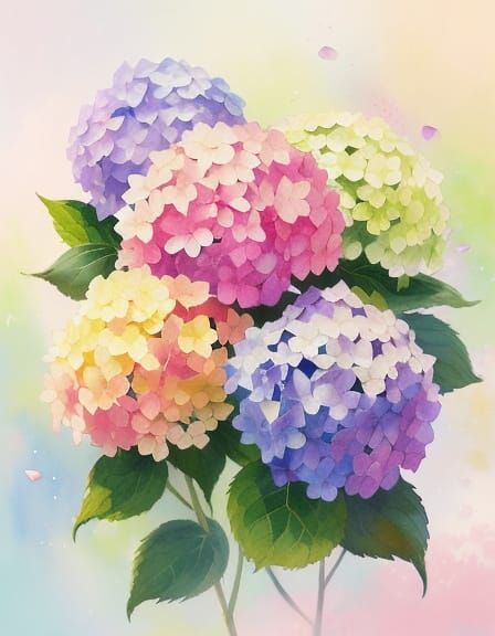 Hydrangea Flowers in Watercolor Splash Art