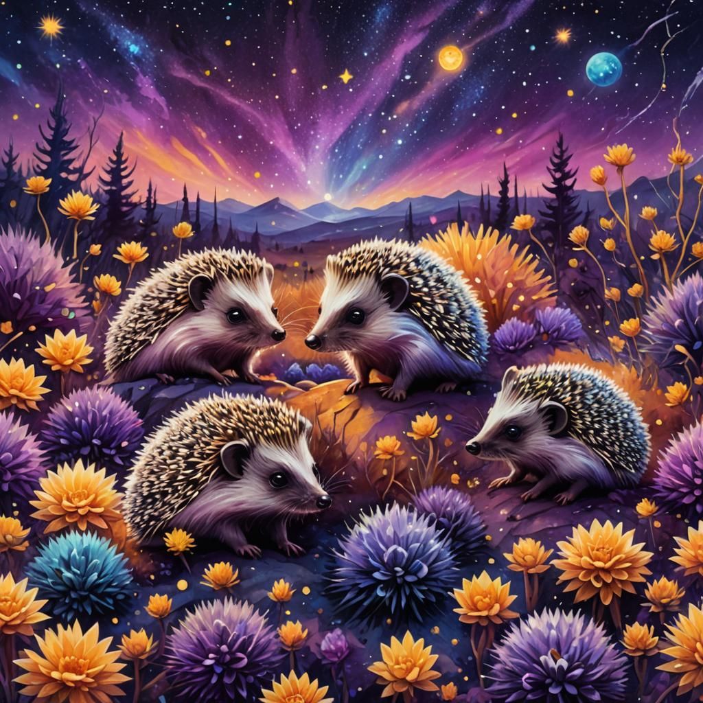 Cosmic Hedgehogs Under Starry Sky: Digital Art