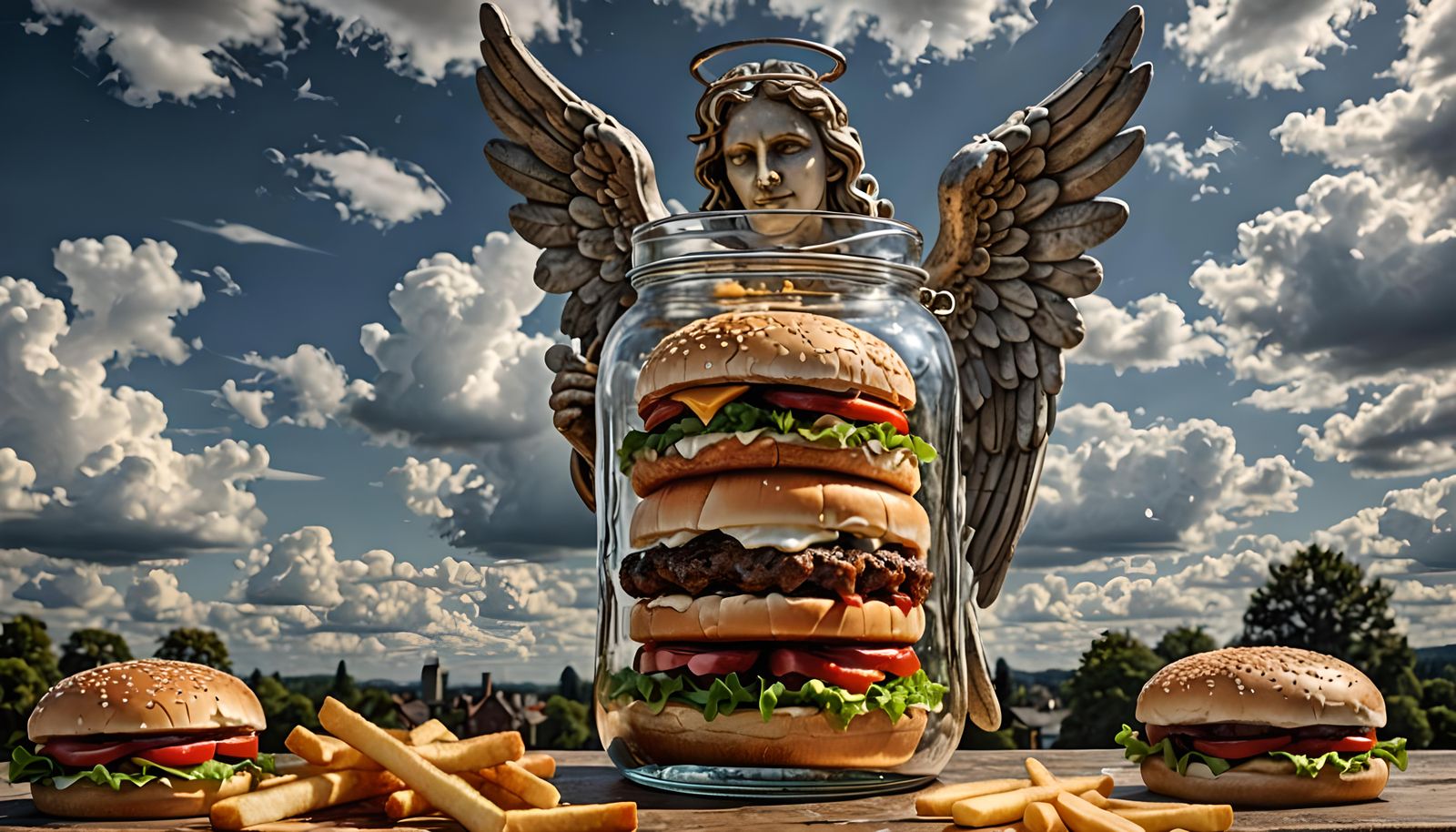 Angel Eats Burger in Jam Jar: Hyperrealistic Image