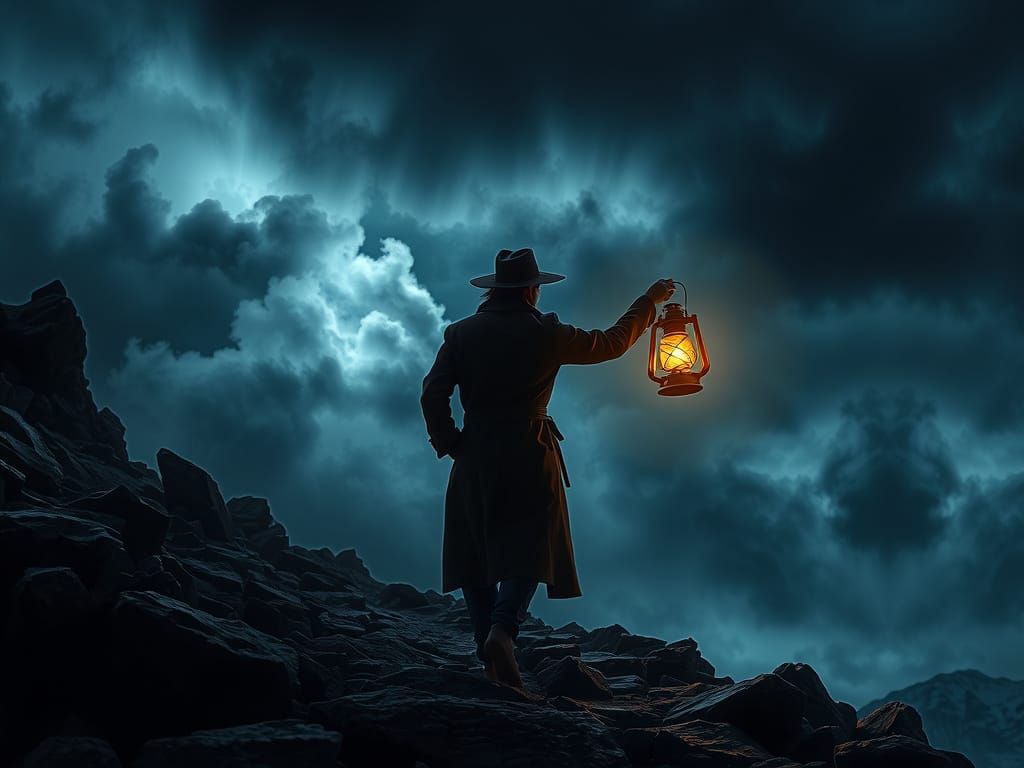 Film Noir Traveler on Rocky Mountain Path