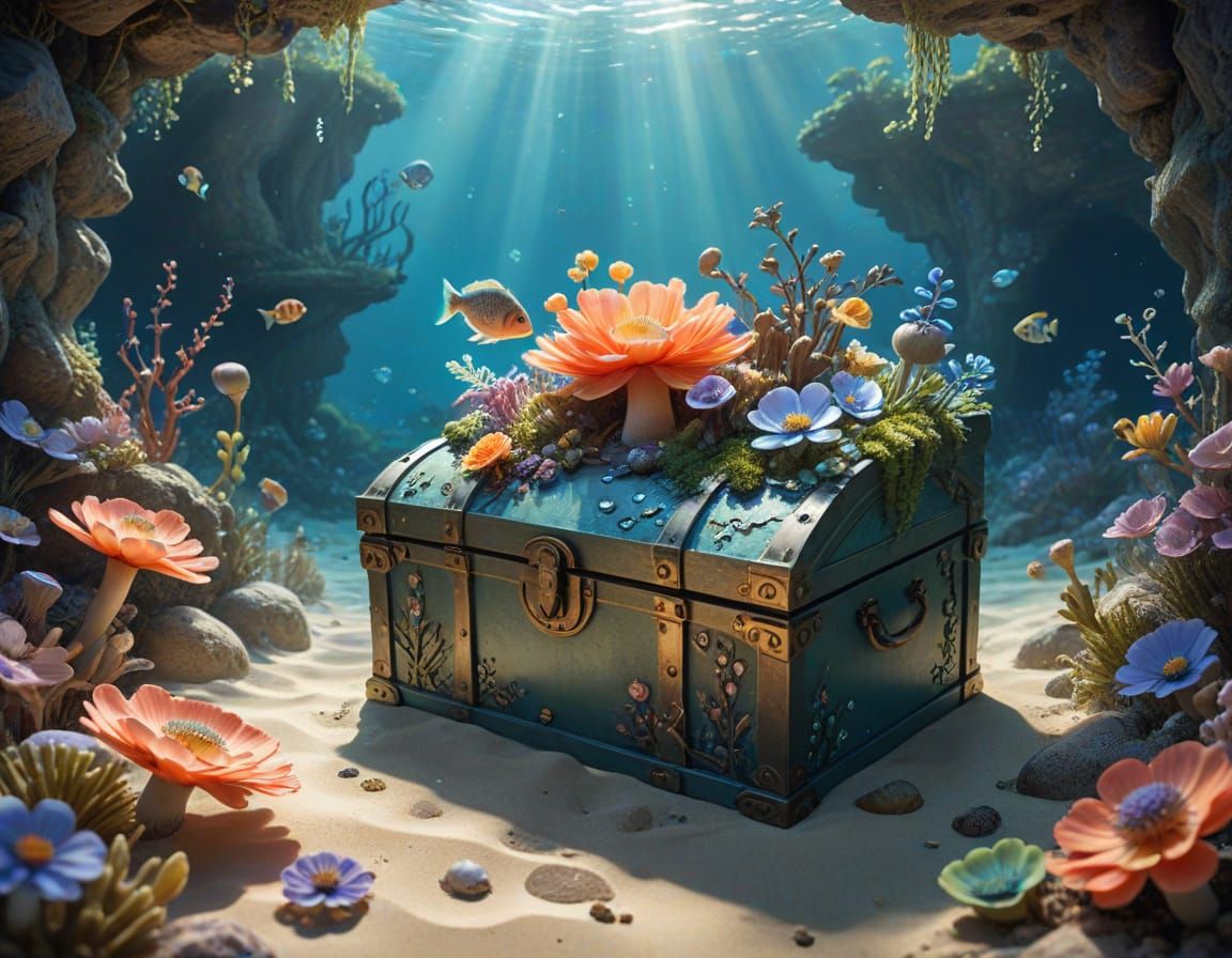 Sunlit Treasure Chest in Vibrant Coral Reef