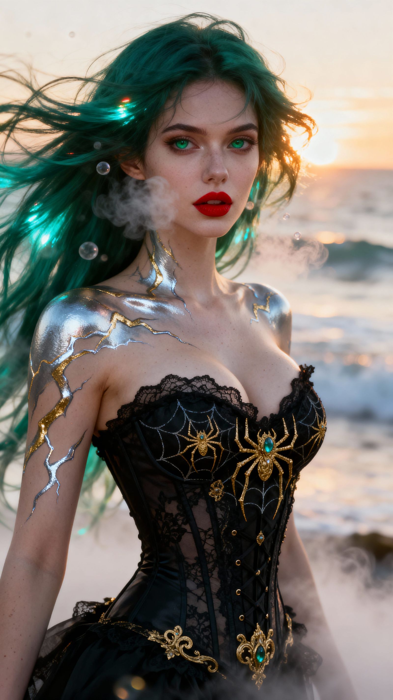 Divine Enchantress on Misty Shoreline at Golden Hour
