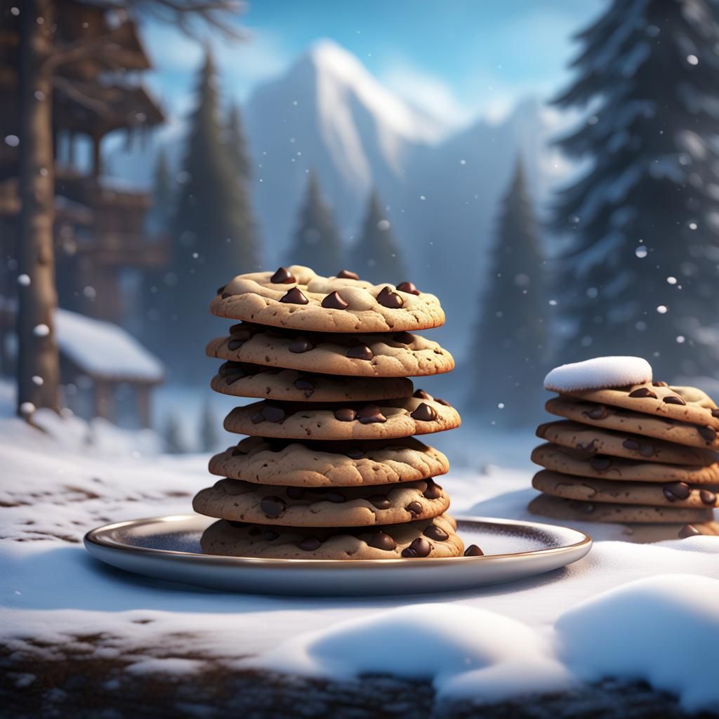 Warm Chocolate Chip Cookies with Snow, Digital Painting