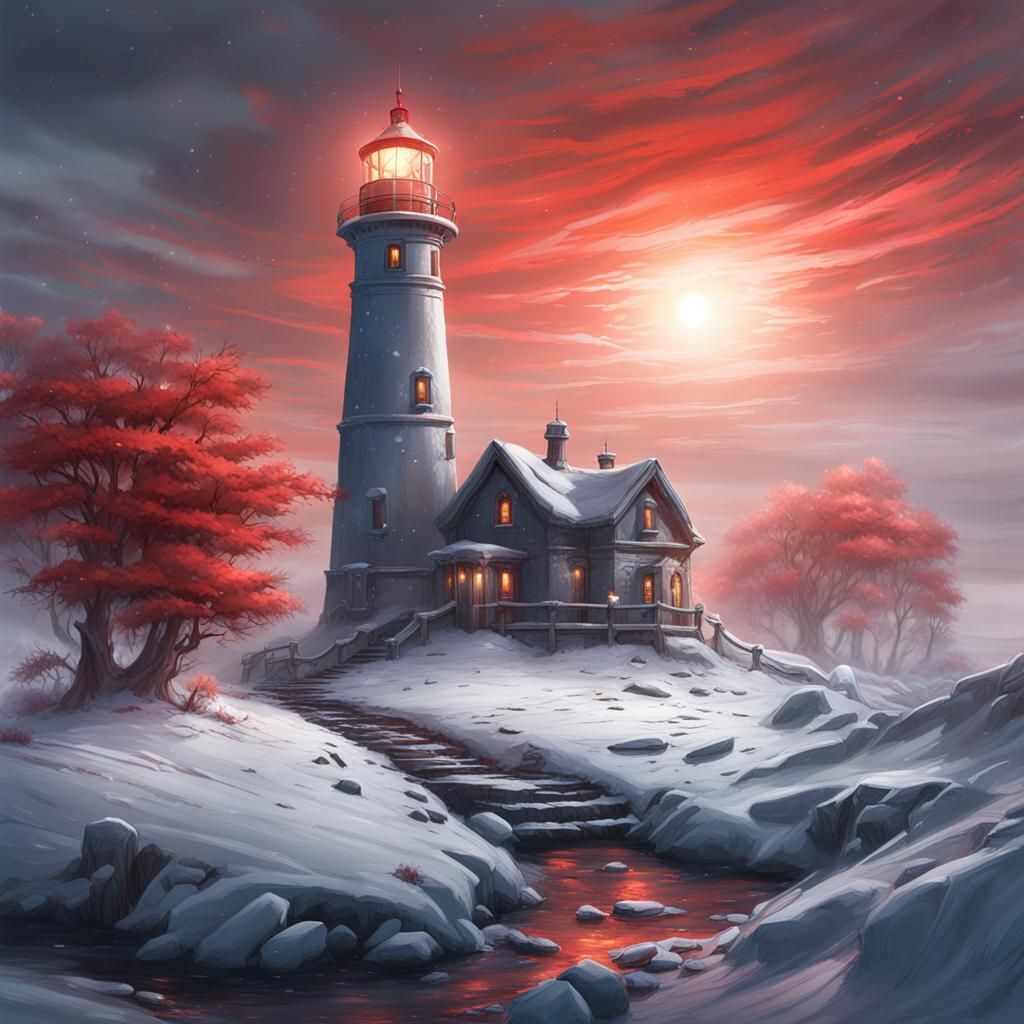 Snow-Draped Lighthouse Radiating a Red Beacon Glow