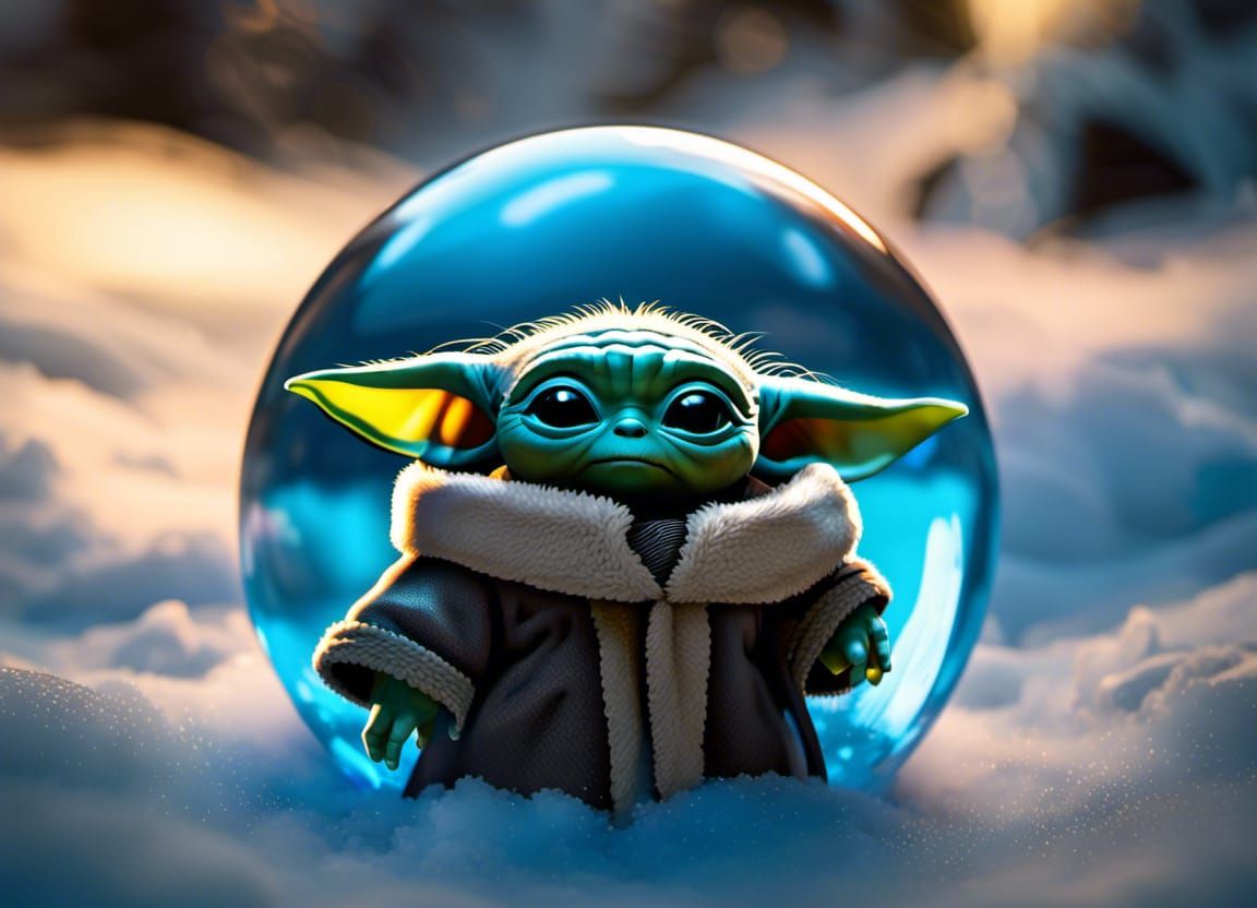 Small Yoda trapped in cold glass orb