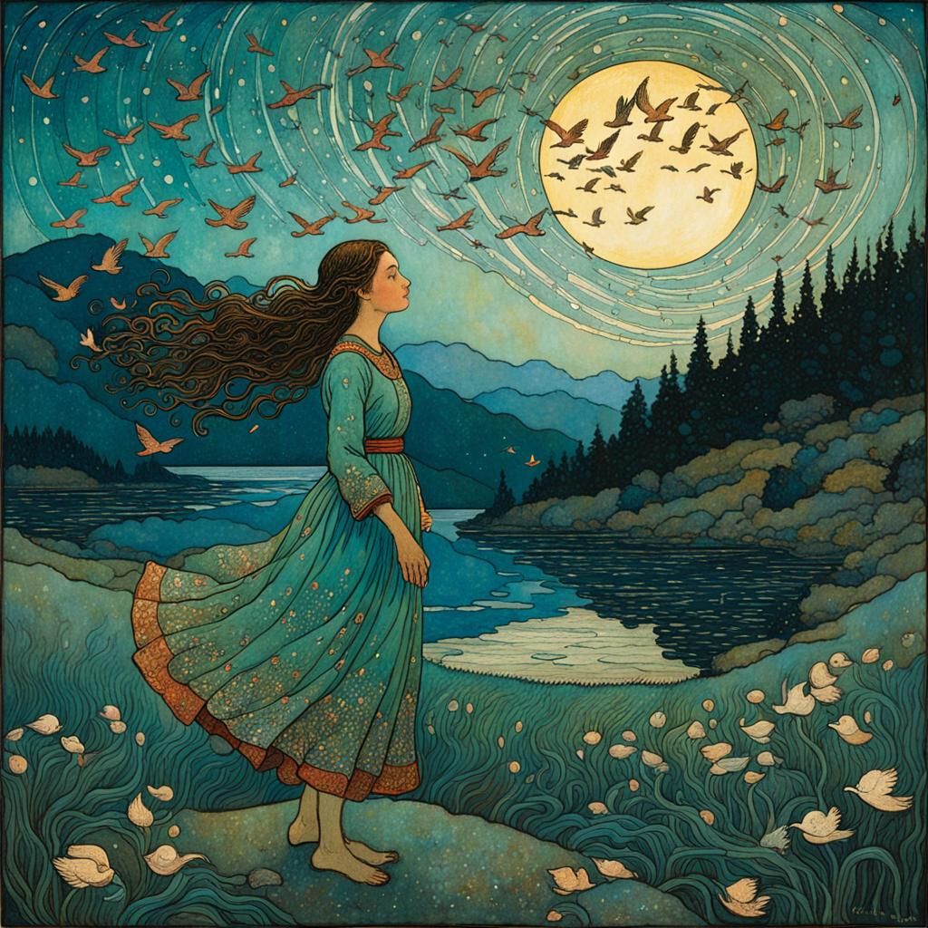 Woman Flying with Birds in Illustrative Style