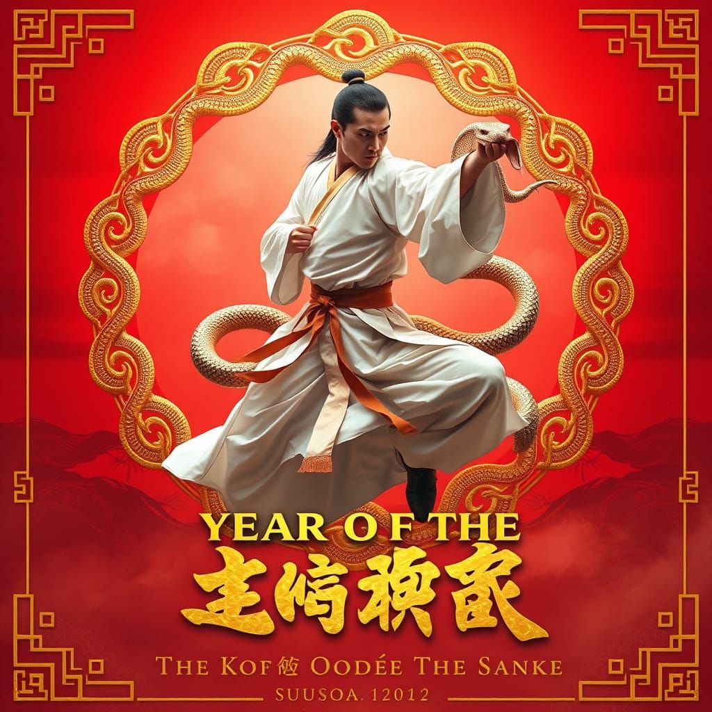 Snake Style Kung Fu Master in Majestic Pose with Golden Snak...