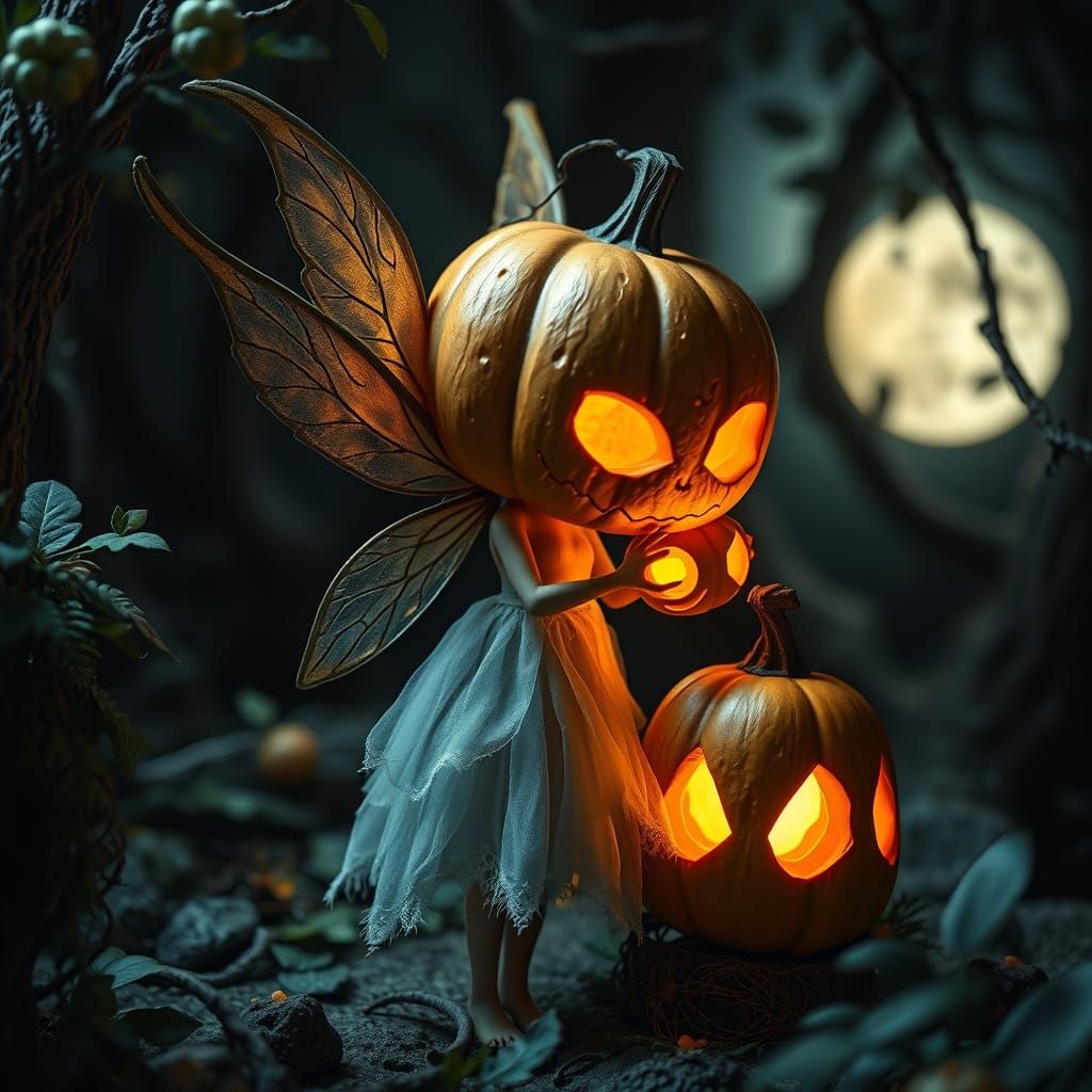 Hyperrealistic Fairy with Pumpkin Head in Enchanted Forest