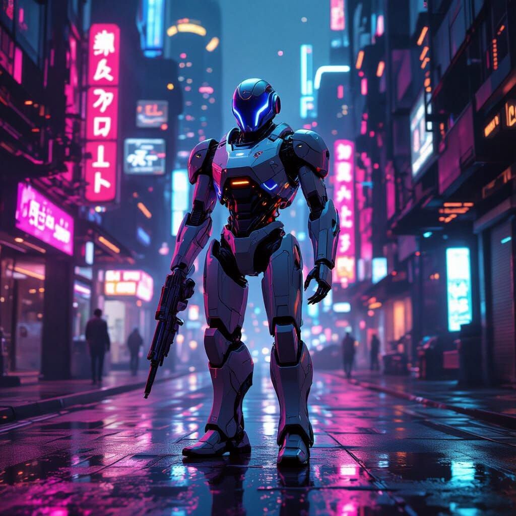 Futuristic Robot in Cyberpunk Cityscape