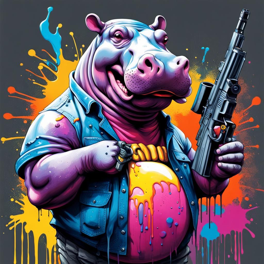 Anthropomorphic Hippo with Gun in Graffiti Art Style