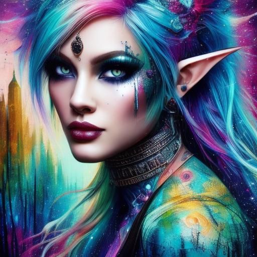 Punk Elf Girl Band Performance in Alcohol Ink Style