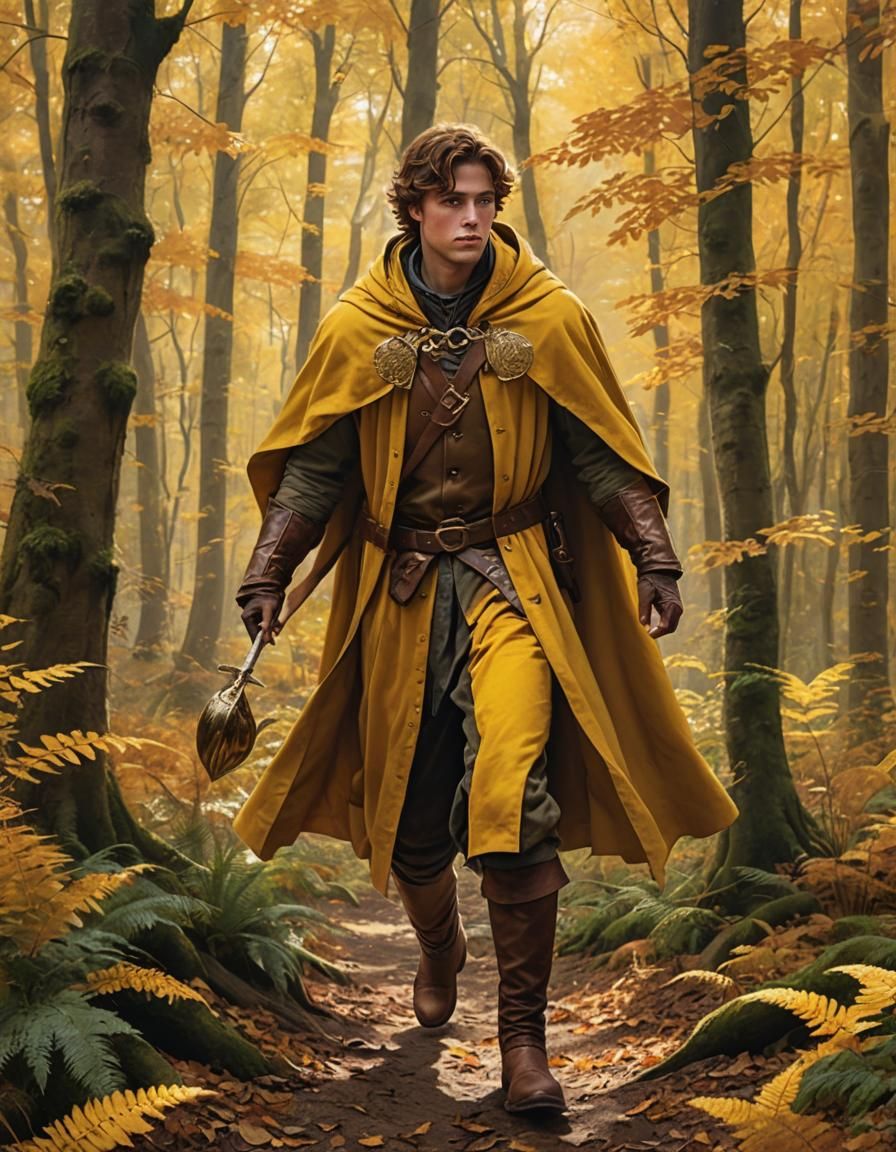 Hero Striding Through Autumn Forest in Whelan Style