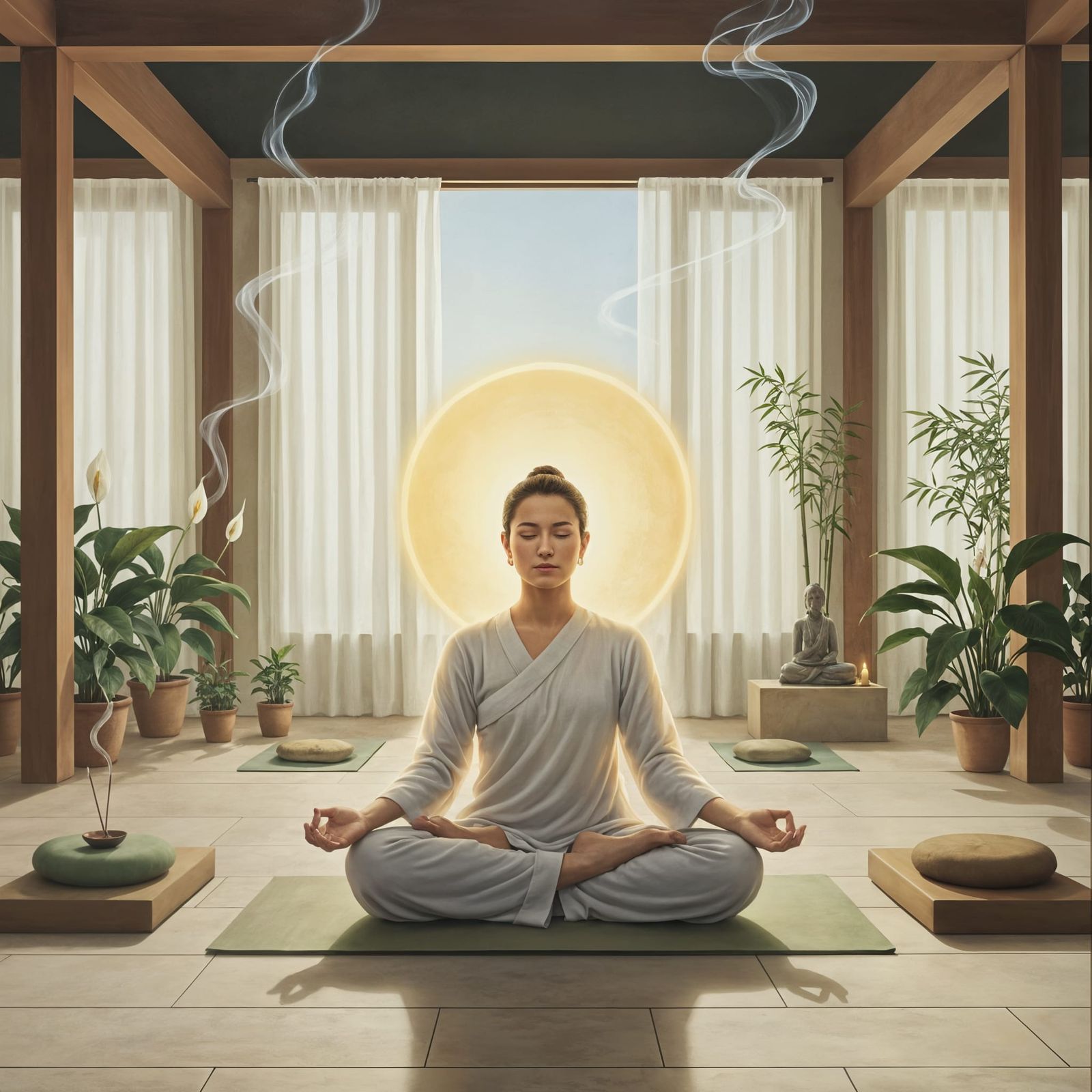 Meditating Figure in Peaceful Temple, Serene Oil Painting
