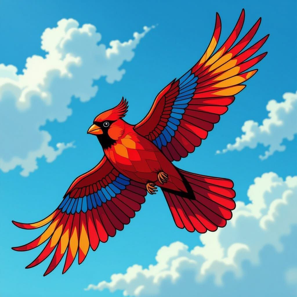 Stained Glass Cardinal Soaring in Blue Sky