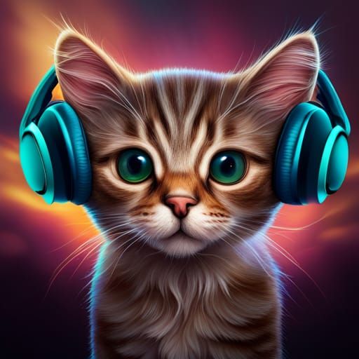 Happy Kitten with Headphones, Hyperrealistic Masterpiece