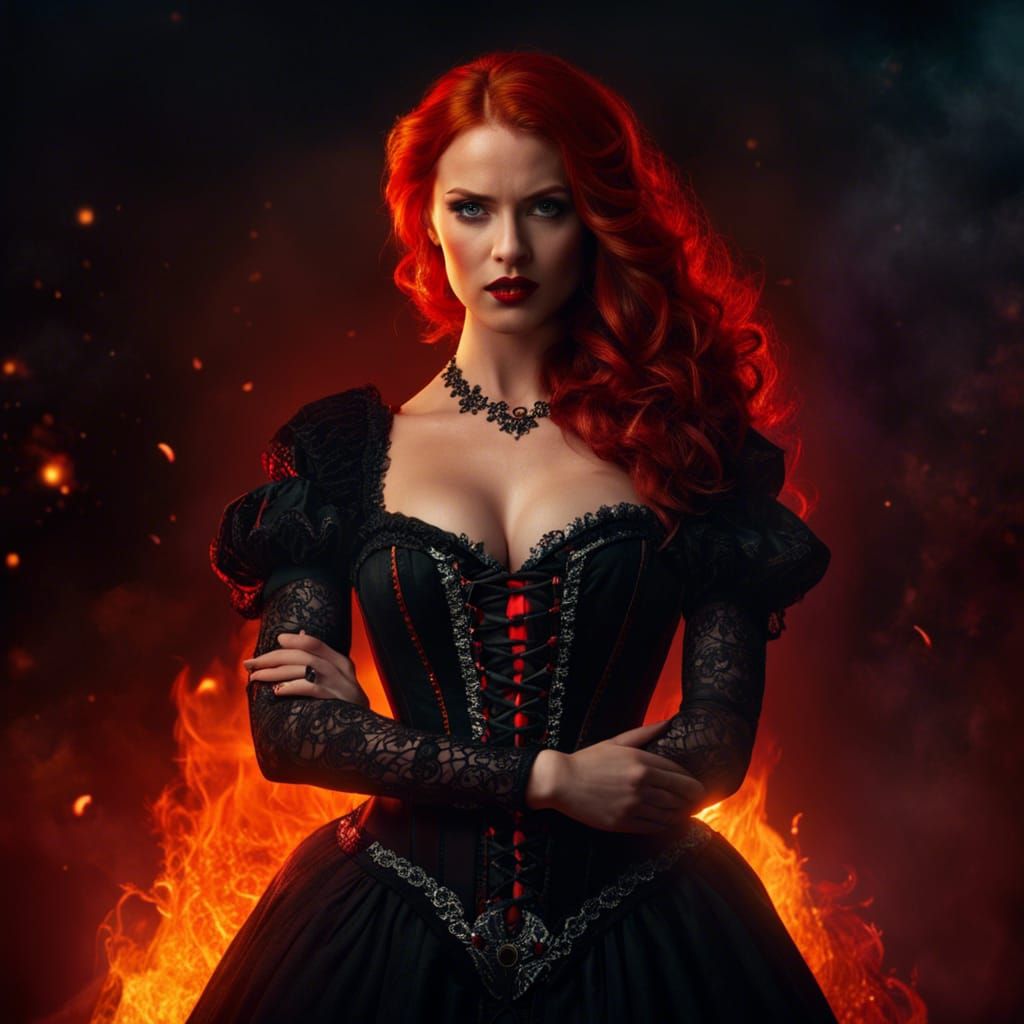 Voluptuous Vampire in Front of Burning Fire