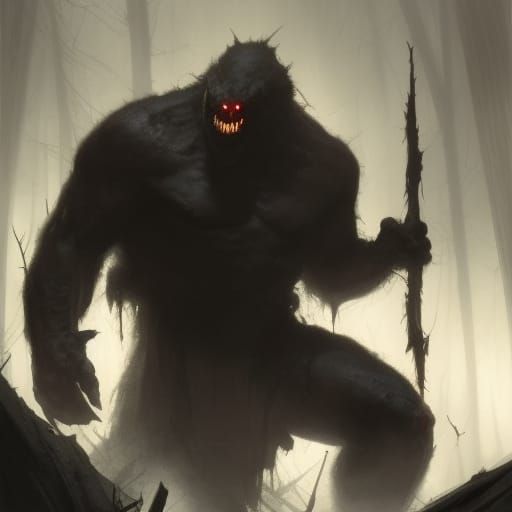 Monstrous Man-Bear in Dark Forest, Detailed Fantasy Art