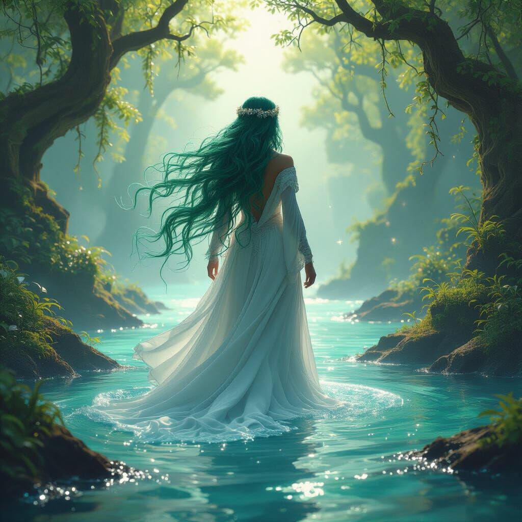 Mother Nature in Sun-Dappled Forest Merging with Sea