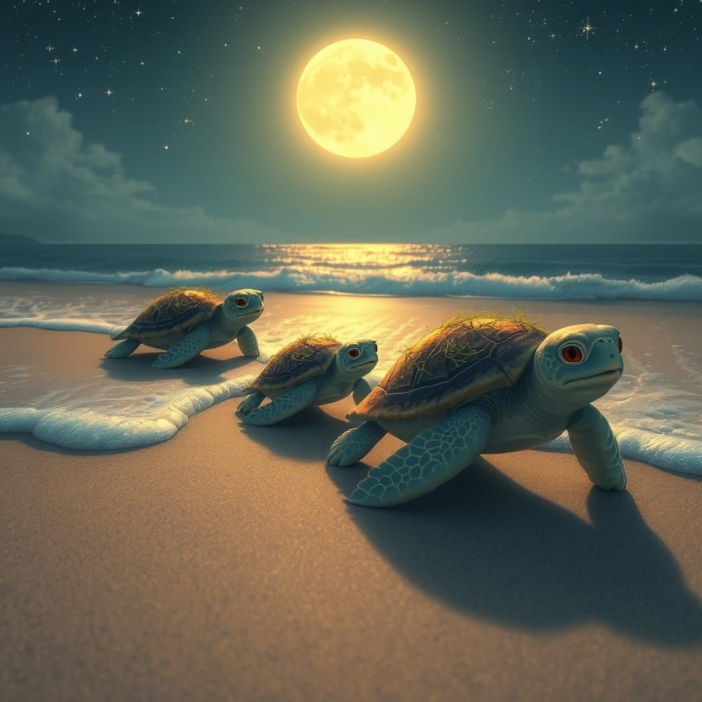 Sea Turtles on Moonlit Beach, Miyazaki-Inspired