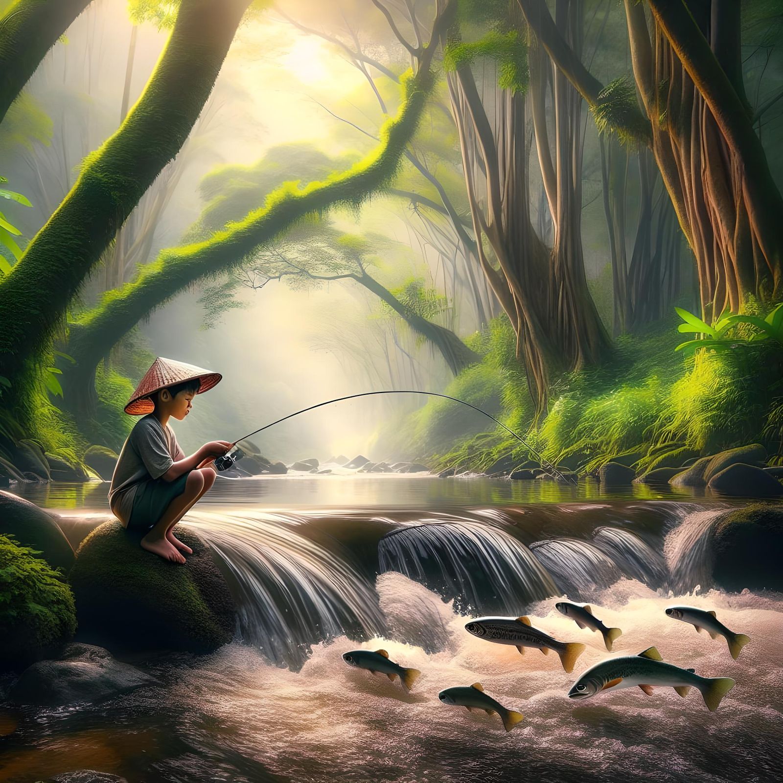 Boy Fishing for Trout in River, Professional Photography