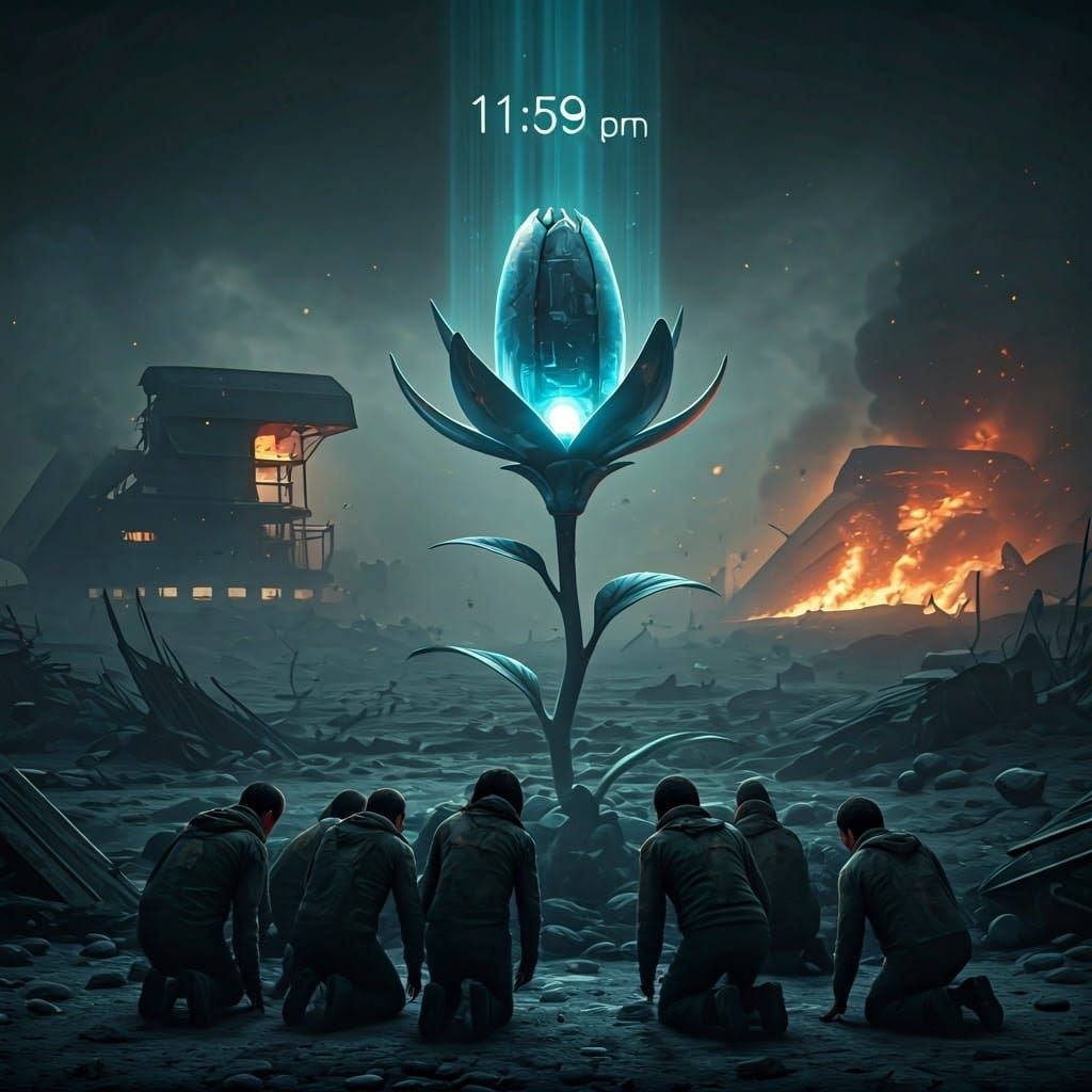 Cyberpunk Apocalypse: Android Flower Blooms at 11:59 PM