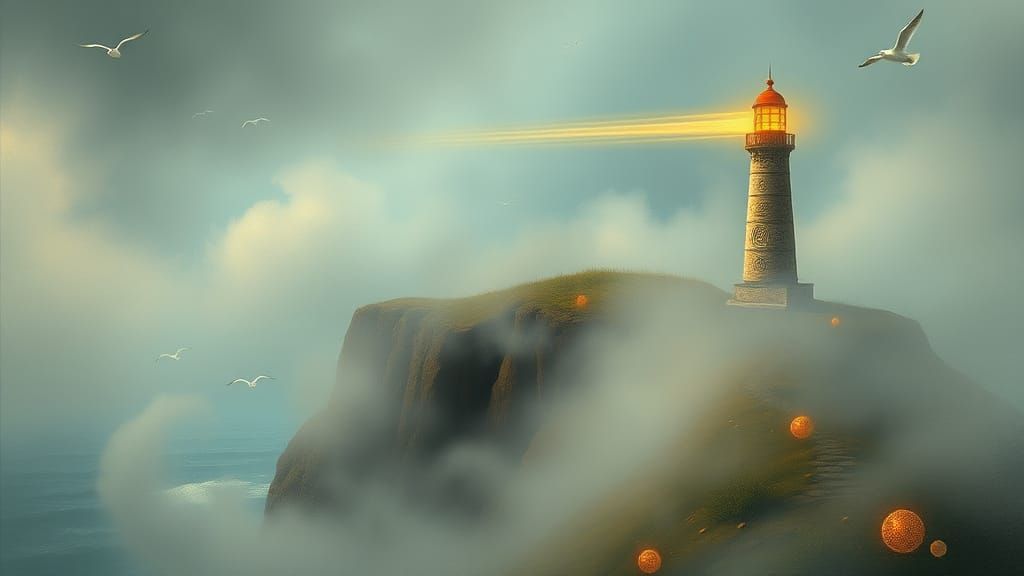 Surreal Lighthouse on Windswept Cliff in Fantasy Style