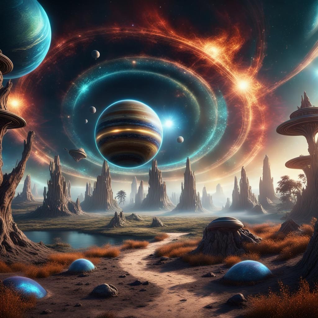 Mystical Dreamscape with Spiraling Planets and UFO